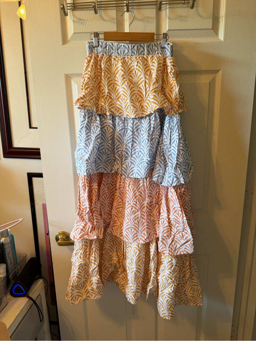 Aura Tiered Maxi Skirt in Blue, Peach & Yellow Leaf Print